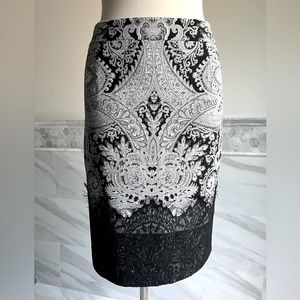 New Antonio Melani Black and White Lace Hem Pencils Paisley Print Skirt Sz 8